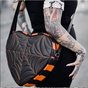 Pumpkin x Kult Love Pain and Stitches Black Orange Spiderweb Heart Crossbody Bag